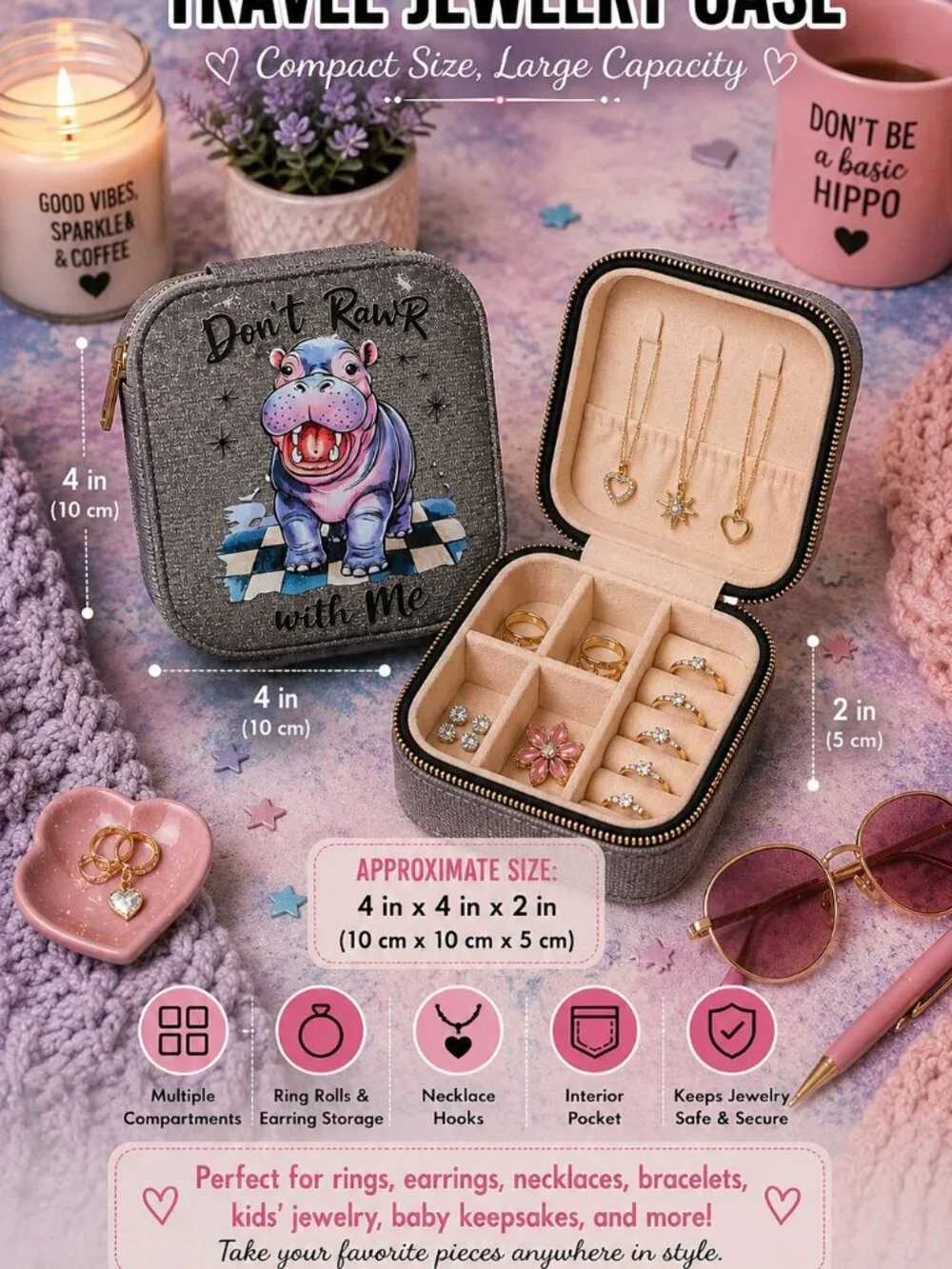 “Rawr” Hippo Travel Jewelry Case